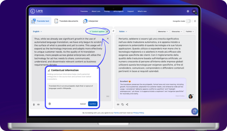 Ai automated translation - Context Applied | Lara Translate