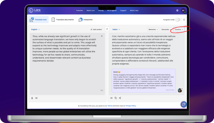 Ai automated translation - Creative Version | Lara Translate