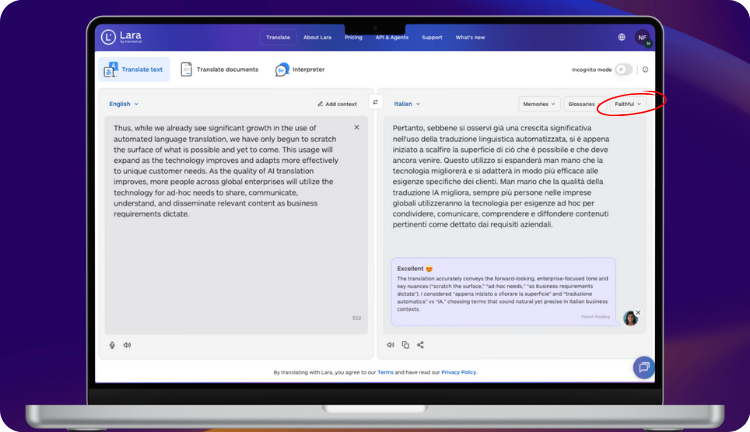 Ai automated translation - Faithful Version | Lara Translate