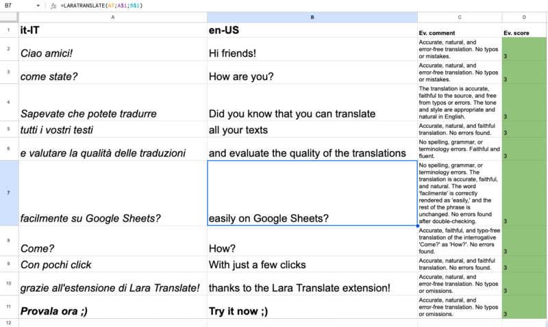 Example of Lara Translate Extension for Google Sheets