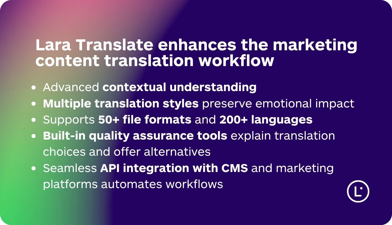 Marketing content translation workflow - Lara Translate