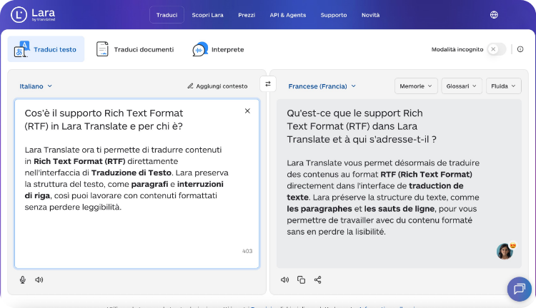 Aggiornamenti dicembre 2025 di Lara Translate - Rich Text