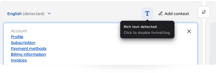 Lara Translate April 2026 updates Rich Text Toggle