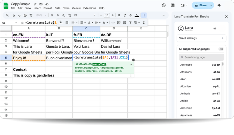 Lara Translate Google Sheets new sidebar