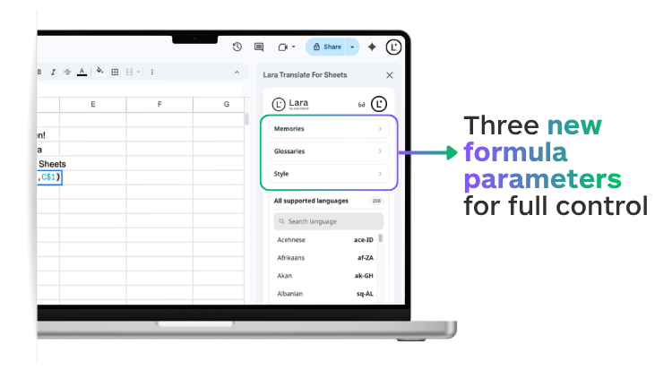 Lara Translate for Google Sheets formula parameters