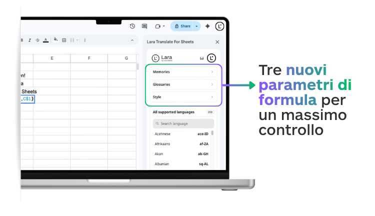 lara translate per google sheets, nuovi parametri di controllo