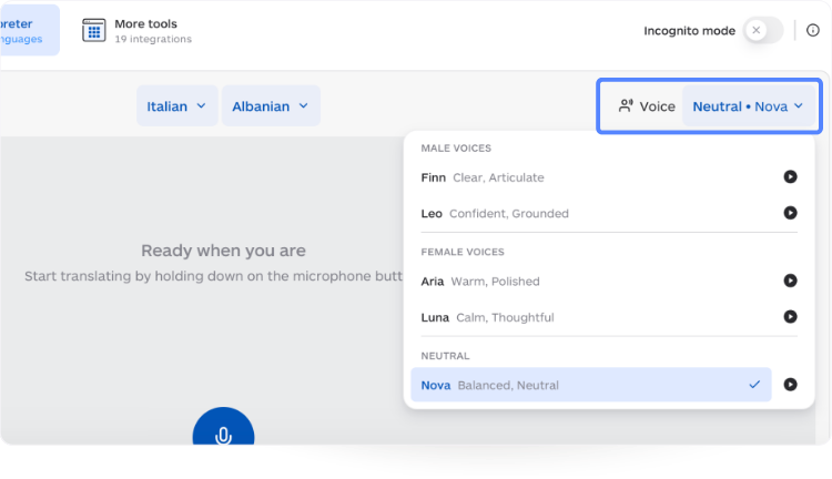 Lara Translate April 2026 updates Voice Selection for Interpreter