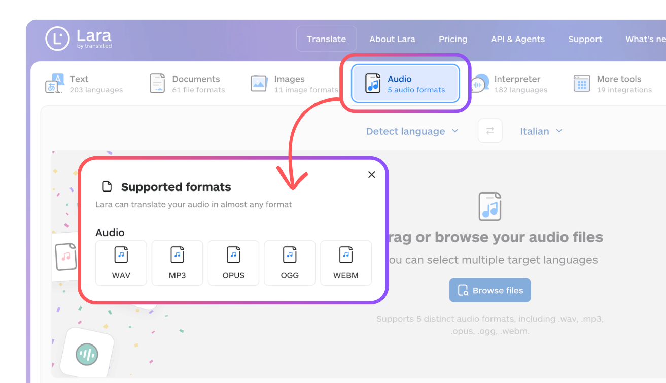 Audio translation with Lara Translate - Supported Formats