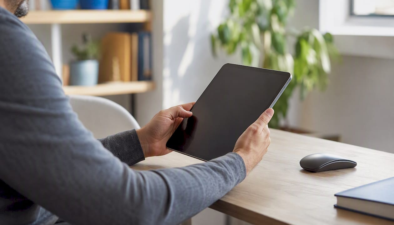 Hands configuring localization tool on tablet