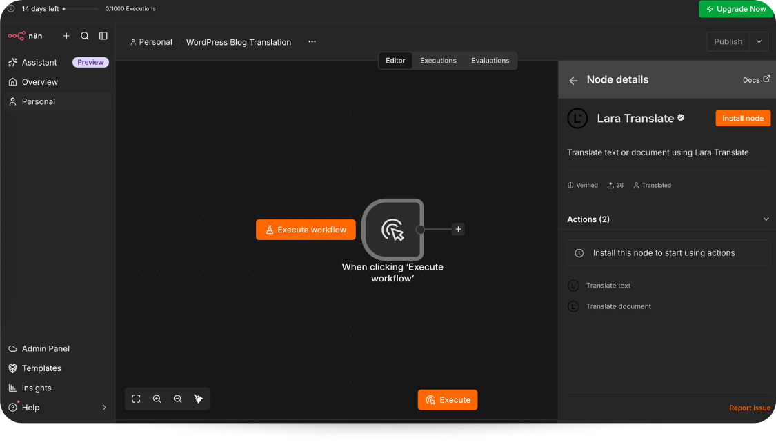 Installing the verified Lara Translate node from the n8n node picker