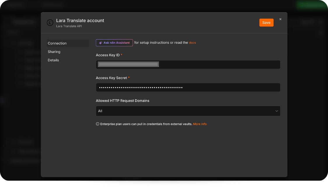 Adding Lara Translate API credentials in n8n