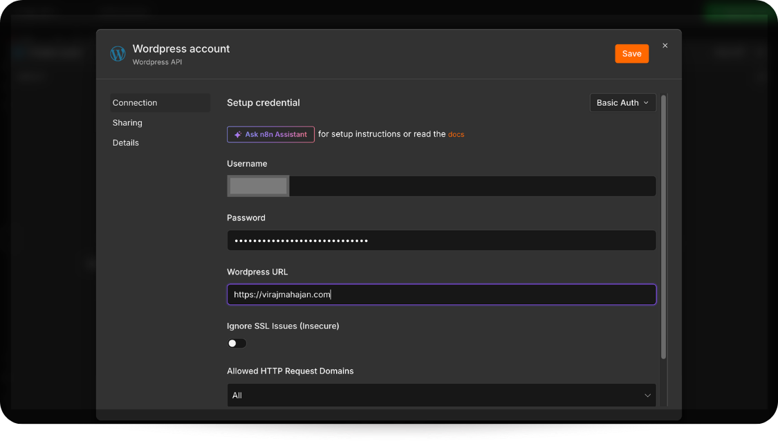 Saving the WordPress credential in n8n.