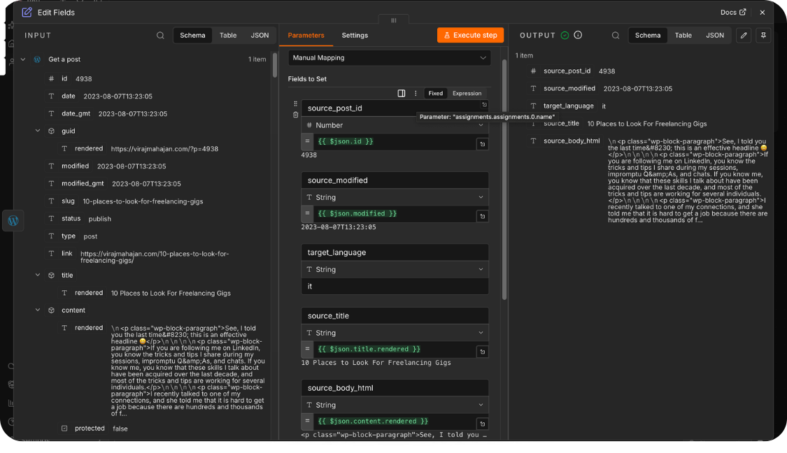 Preparing the source ID, modification time, language, title, and HTML body.