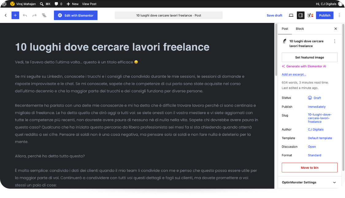 The Italian article saved in WordPress with Draft status.