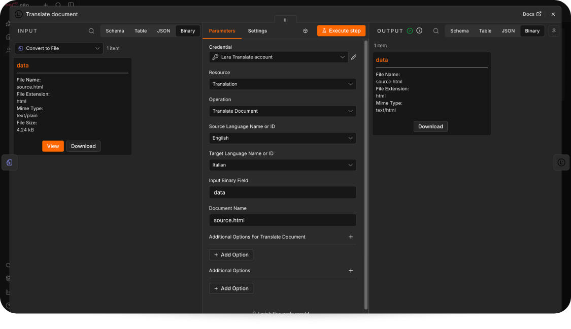 Lara Translate returns an HTML file from the document translation step.