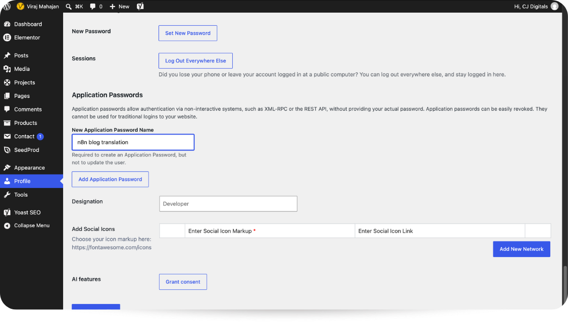 Creating a WordPress application password for the n8n workflow